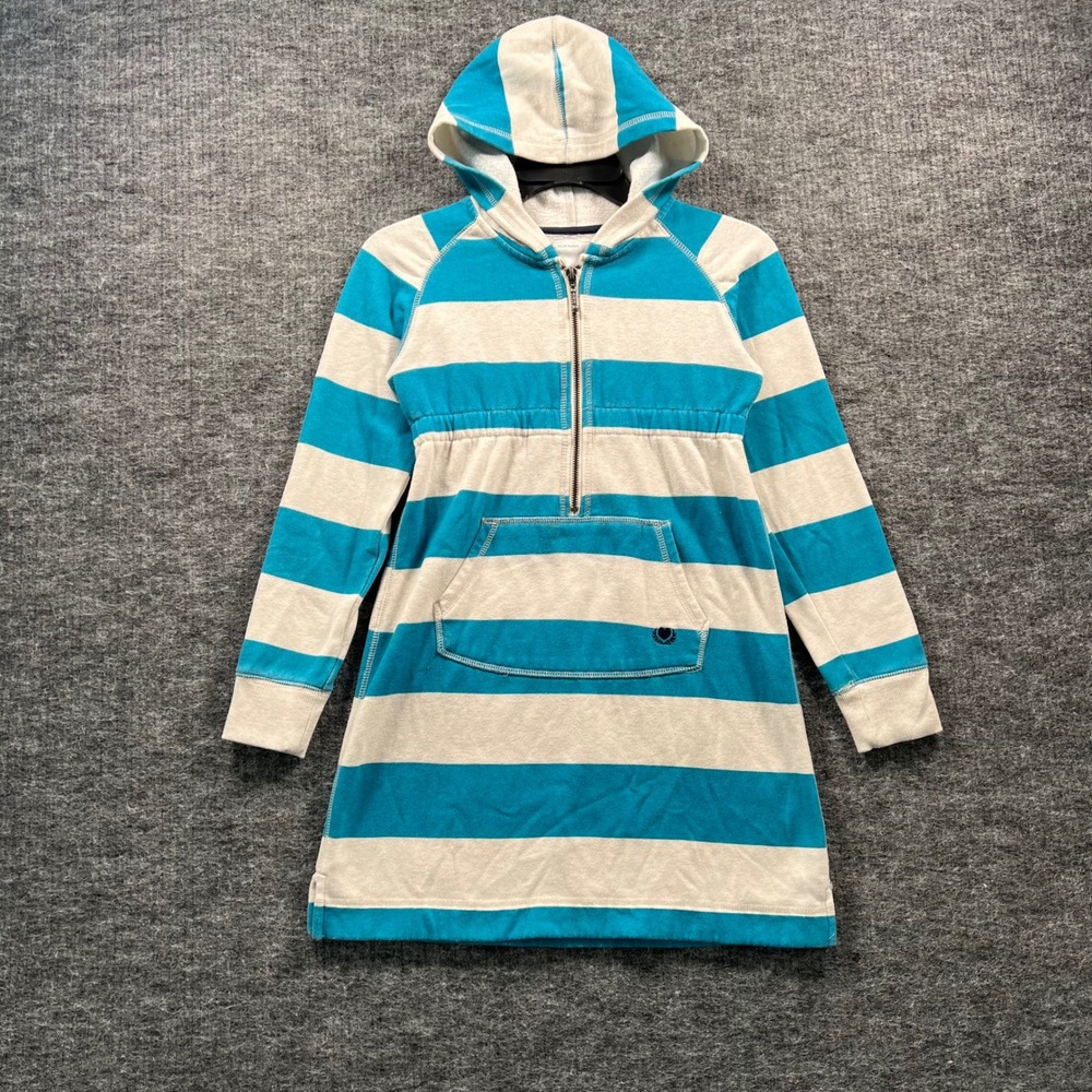 Old Navy Girls XL 14 Hoodie Dress Teal White Striped Half Zip Kangaroo Pocket